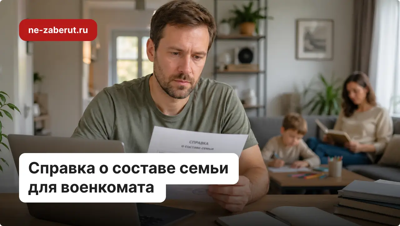 Мужчина держит в руках образец справки о составе семьи, на фоне семья занимается своими делами.