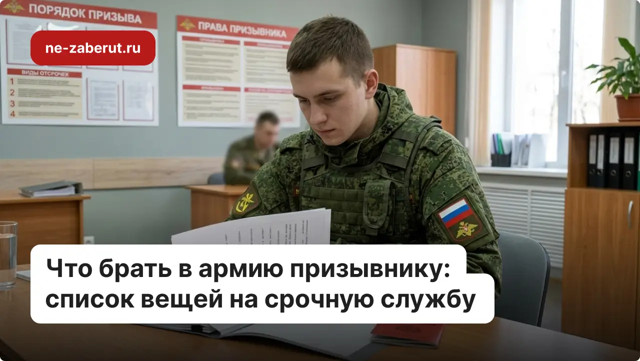 Призывник в форме срочника сидит за столом и изучает список необходимых вещей.