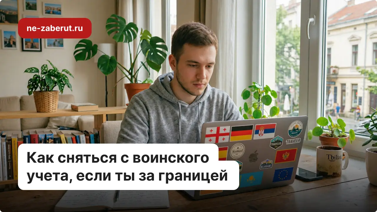 Призывник за границей ищет в ноутбуке информацию про снятие с воинского учёта.