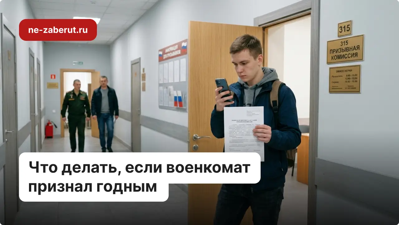 Призывник выходит из кабинета призывной комиссии с её решением в руках.