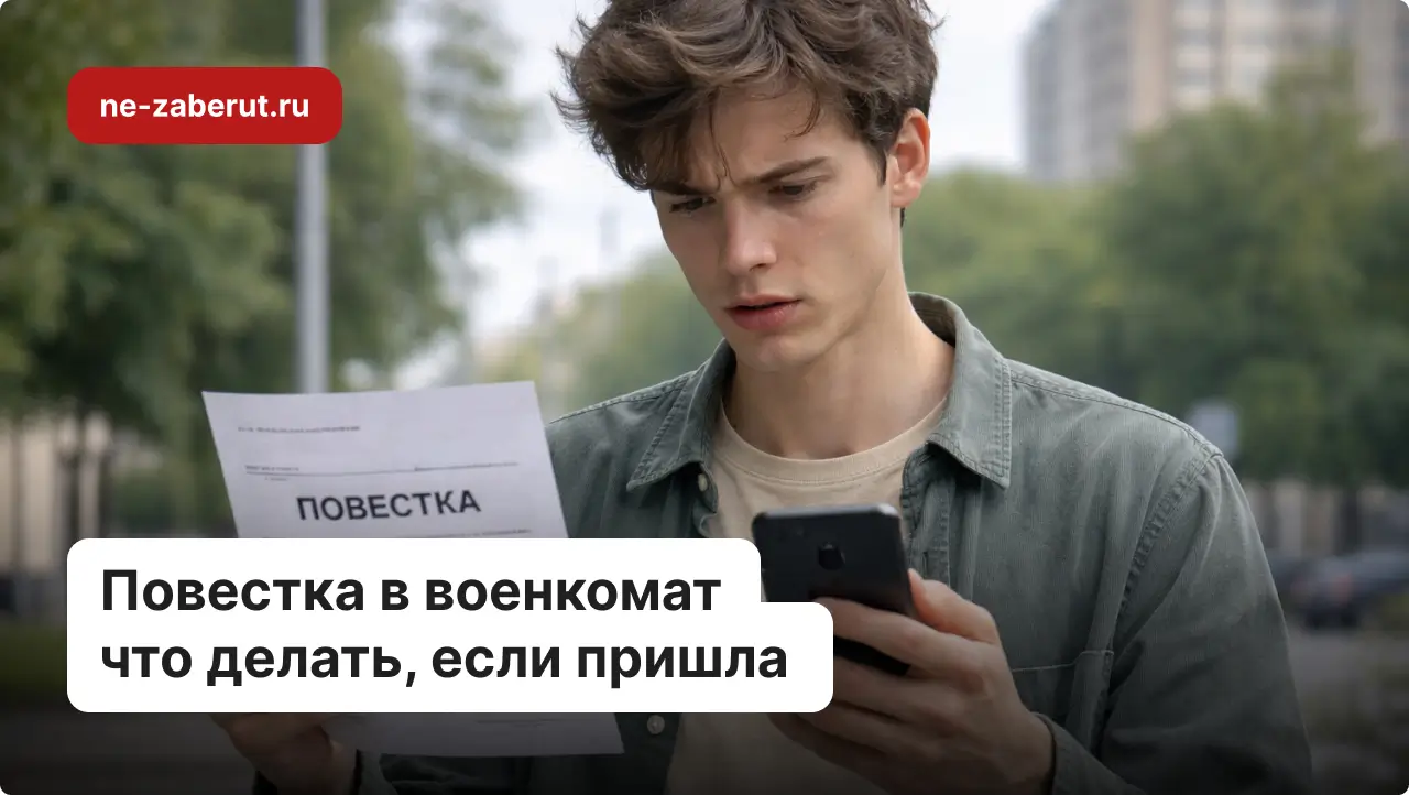Молодой человек держит в руках повестку и смотрит в смартфон на электронную повестку.