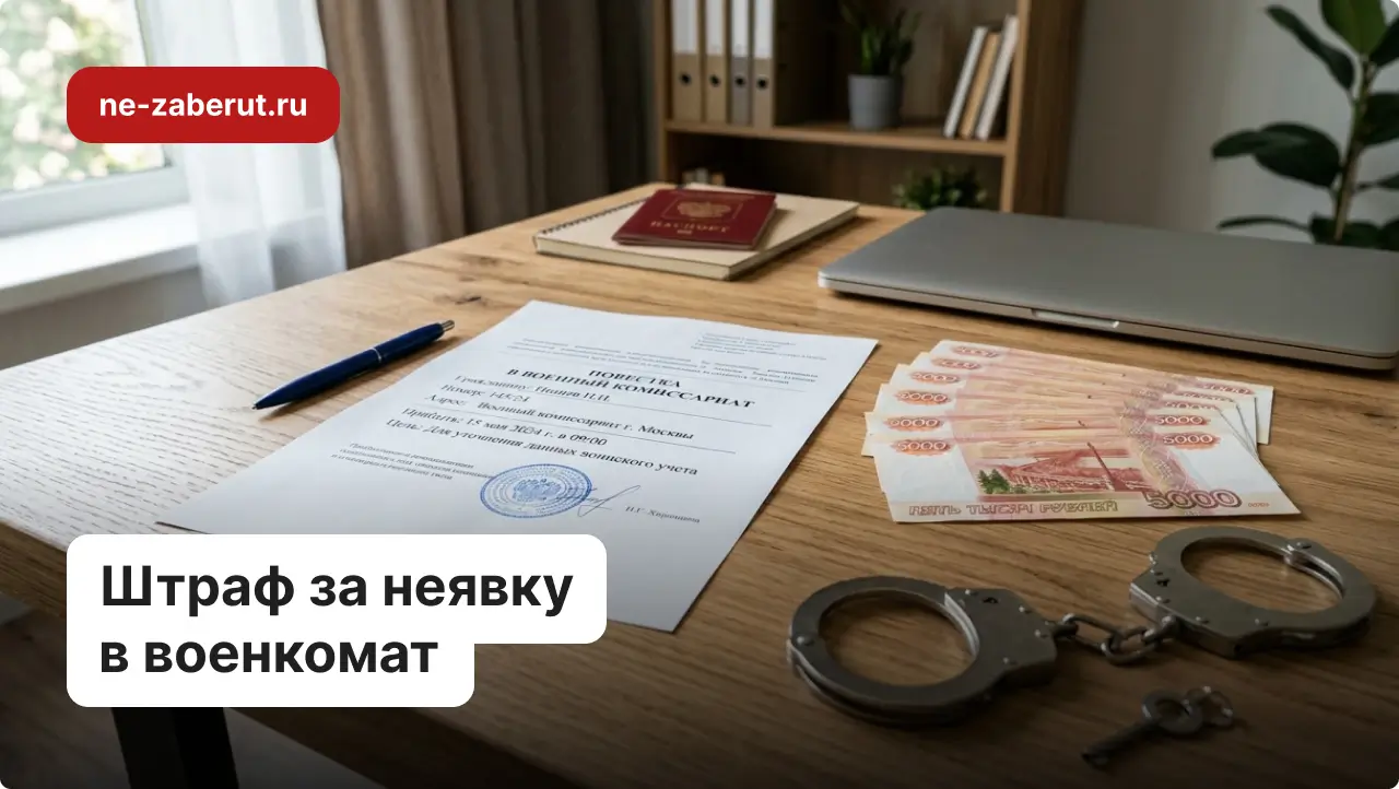 На столе лежит повестка, деньги, паспорт и прочие атрибуты, отражающие тему санкций за игнорирование военкомата.