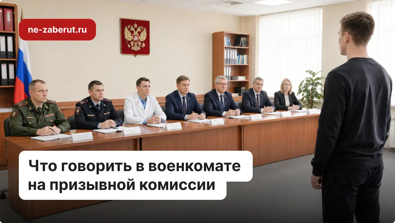 Призывник стоит перед председателями призывной комиссии.