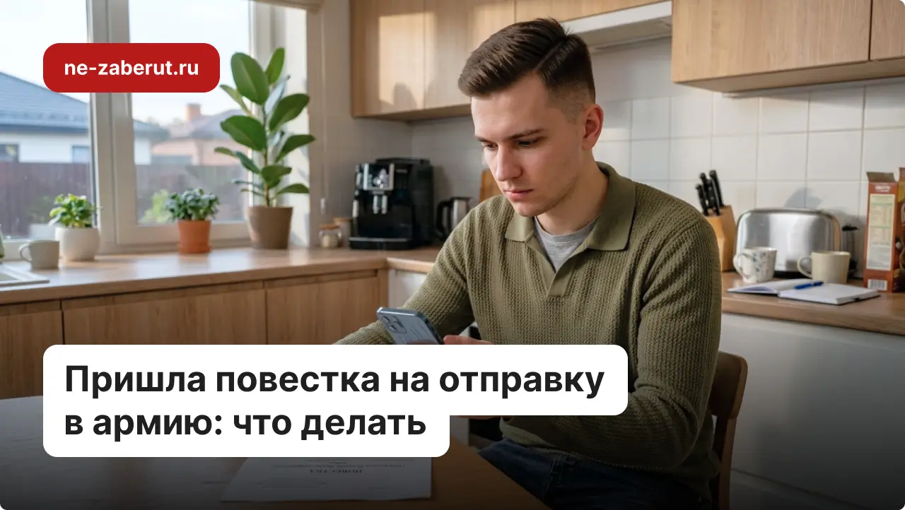 Молодой человек сидит на кухне и смотрит в смартфоне на электронную повестку, а на столе лежит бумажная повестка