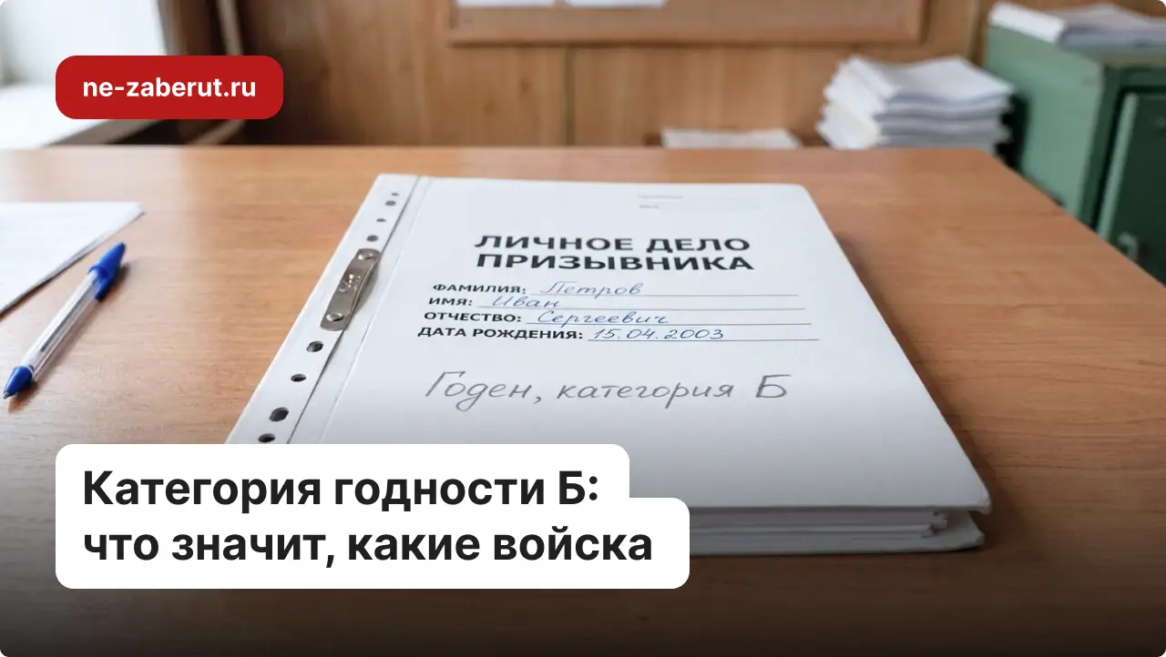 На столе в военкомате лежит папка с личным делом призывника, на которой написано «Годен, категория Б».